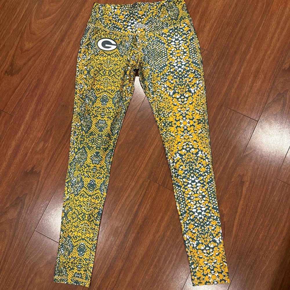 Majestic Zubaz Green Bay Packer Leggings M Green Yellow Football Athleisure